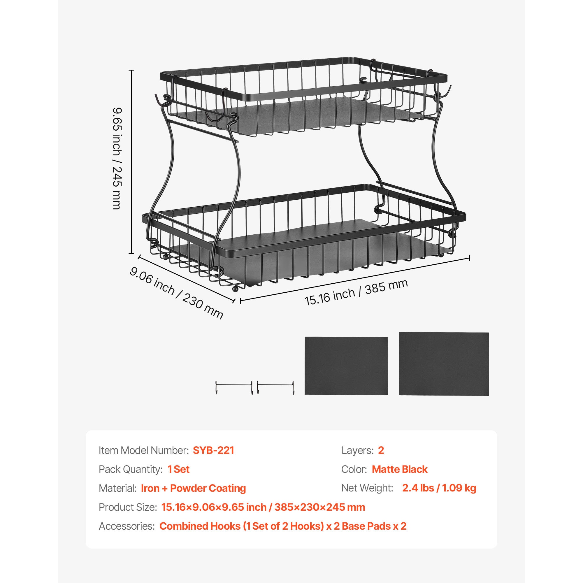 2 Tier Fruit Basket Stand With Banana Hanger For Kitchen Worktop_voghion.com